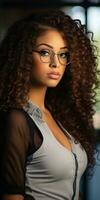 a beautiful young woman with glasses and curly hair generative ai photo