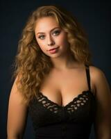 a beautiful young woman with long curly hair in a black bra generative ai photo