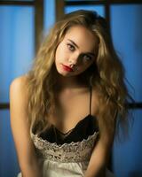 a beautiful young woman with long blonde hair and red lipstick generative ai photo