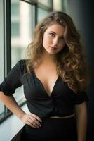 a beautiful young woman with long curly hair posing by a window generative ai photo