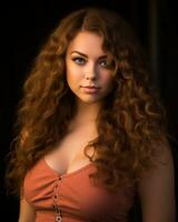 a beautiful young woman with long curly hair photo