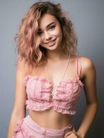 un hermosa joven mujer con rosado pelo posando para el cámara generativo ai foto