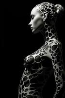 a black and white image of a woman with a lot of dots on her body generative ai photo