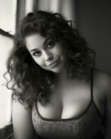 a black and white photo of a woman in a bra generative ai