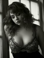 a black and white photo of a woman in lingerie generative ai