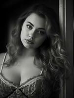 a black and white photo of a woman in lingerie generative ai