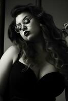 a black and white photo of a woman wearing glasses generative ai