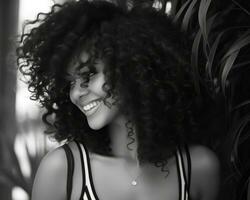 a black and white photo of a woman with curly hair generative ai