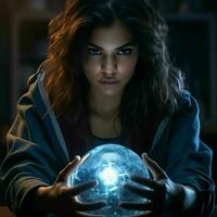 a woman holding a glowing crystal ball in front of her generative ai photo