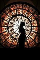 a silhouette of a woman standing in front of a circular window generative ai photo