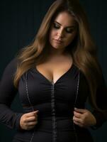 a woman in a black bodysuit with her hands on her chest generative ai photo