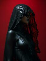 a woman in a black dress and veil on a red background generative ai photo