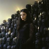 a woman in a black dress standing in front of a wall of skulls generative ai photo