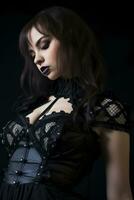un mujer en un negro gótico vestir generativo ai foto