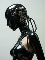 a woman in a black latex body suit with wires attached to her head generative ai photo