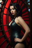 a woman in a black leather bodysuit posing in front of a red wheel generative ai photo