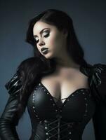 a woman in a black leather corset posing for the camera photo