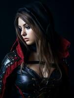 a woman in a black leather outfit with a red hood generative ai photo