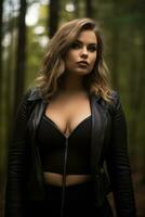 a woman in a black leather jacket standing in the woods generative ai photo