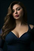 a woman in a blue dress posing for the camera generative ai photo