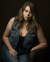 a woman in a denim vest sitting on a leather chair generative ai photo