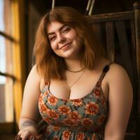 a woman in a floral dress sitting on a chair photo