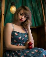 a woman in a floral dress sitting on a chair with an apple in her hand generative ai photo