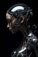 a woman in a futuristic suit with wires attached to her head photo