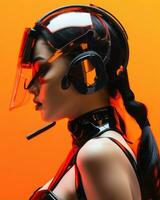 a woman in a helmet and goggles on an orange background generative ai photo