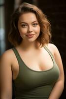 a woman in a green tank top posing for the camera generative ai photo