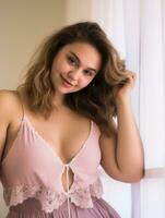 a woman in a pink dress posing for a photo generative ai