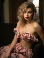 a woman in a pink dress sitting on a chair photo