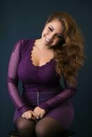 a woman in a purple dress sitting on a stool generative ai photo