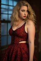 a woman in a red dress posing for a photo generative ai
