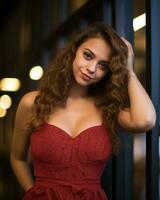 a woman in a red dress posing for the camera photo