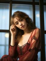a woman in a red dress sitting on a window sill generative ai photo