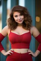 a woman in a red sports bra posing for the camera generative ai photo