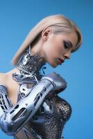 a woman in a silver body suit with robotic arms generative ai photo