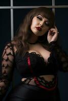 a woman in black lingerie posing in front of a window generative ai photo