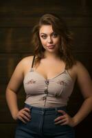 a woman in jeans and a tank top posing for the camera generative ai photo