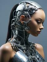 a woman wearing a silver robot head on a gray background generative ai photo