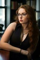 a woman wearing glasses and a black dress sitting at a desk generative ai photo