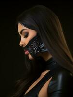 a woman with a black leather corset and a mask on her face generative ai photo