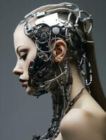 a woman with a robot head on a gray background generative ai photo