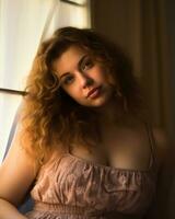 a woman with curly hair sitting in front of a window generative ai photo
