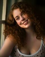 a woman with curly hair smiling at the camera generative ai photo