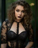 a woman with curly hair wearing a black lace top generative ai photo