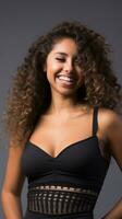 a woman with curly hair wearing a black bra top generative ai photo