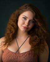 a woman with long curly hair posing for the camera photo