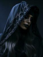 a woman with long hair and black makeup is wearing a hood generative ai photo